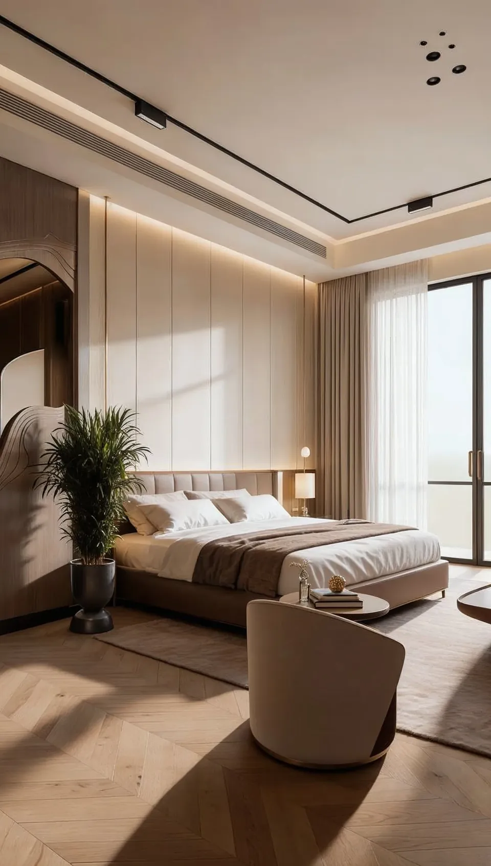 Emirates Hills Villa، تلال الإمارات: غرفة نوم بأرضية بنقشة عظم السمكة، وألواح جدارية بلون كريمي، ونخلة في أصيص، وكرسي بذراعين منحني.