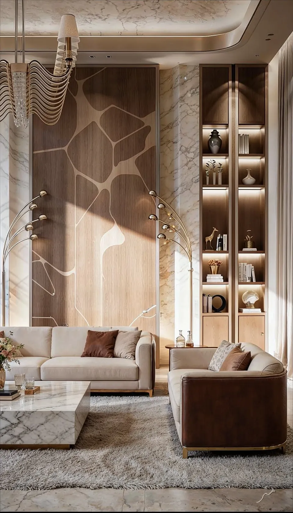 Emirates Hills Villa، تلال الإمارات: غرفة معيشة بأرائك بلون كريمي، وطاولة قهوة بمظهر رخامي، ورفوف مضاءة.