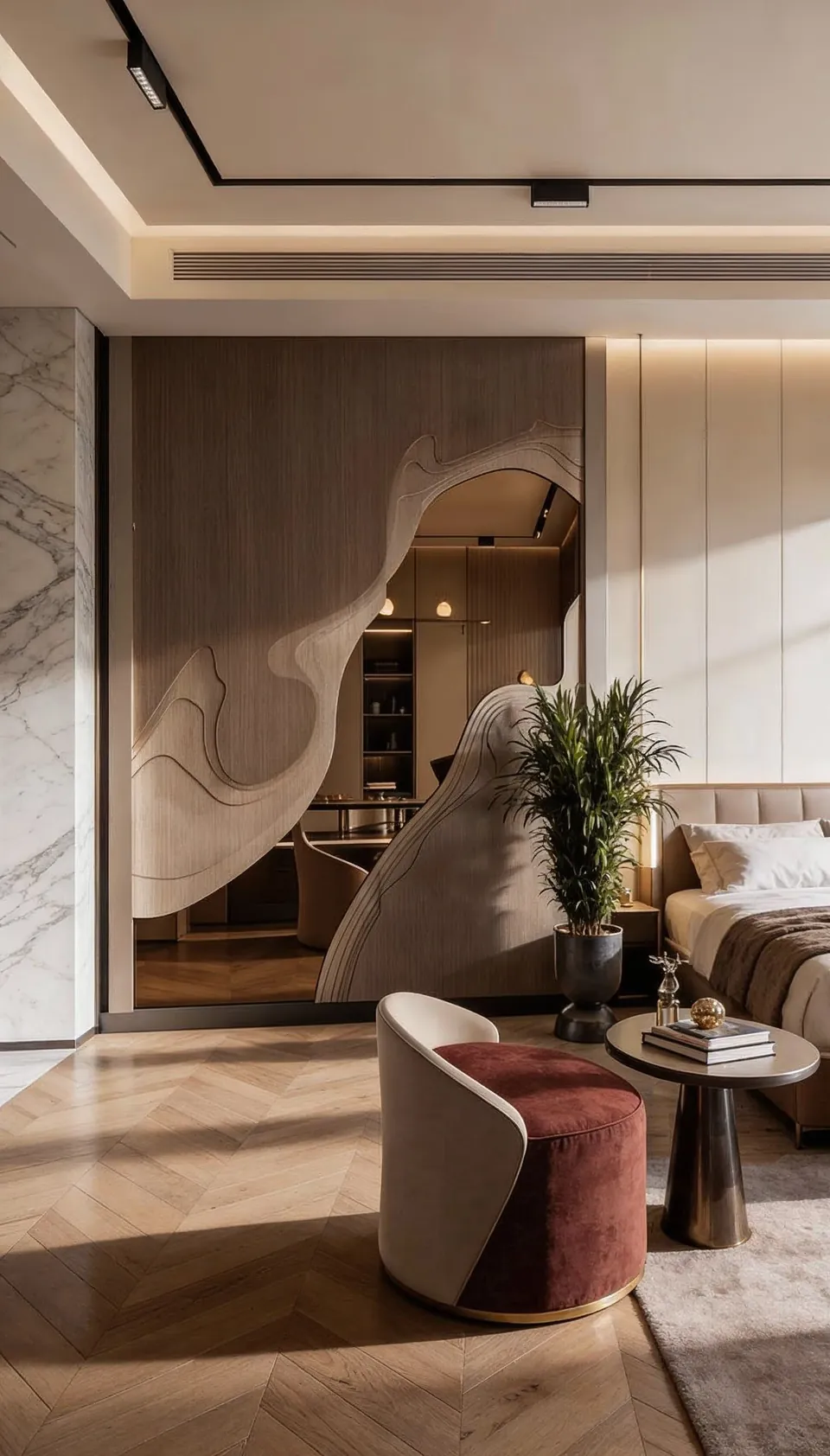 Emirates Hills Villa، تلال الإمارات: جناح نوم بفاصل خشبي منحوت، وكرسي بلون عنابي، وأرضية بنقشة عظم السمكة.