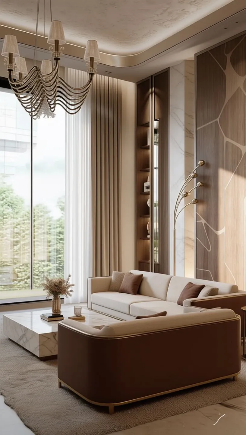 Emirates Hills Villa، تلال الإمارات: غرفة معيشة بثريا متموجة الشكل وأرائك بلون كريمي وبني ونافذة طويلة.