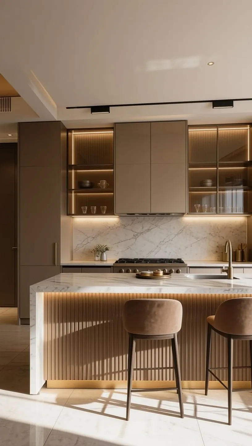 Emirates Hills Villa، تلال الإمارات: مطبخ بجزيرة بمظهر رخامي وقاعدة مضلّعة، ومقاعد بار بلون بني فاتح، وخزائن زجاجية مضاءة.