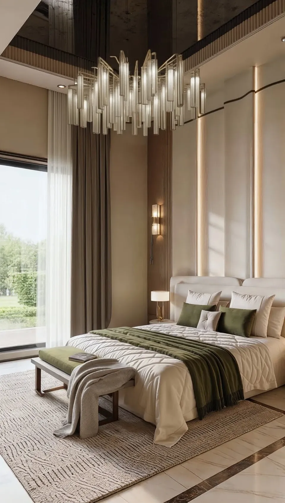 Emirates Hills Villa، تلال الإمارات: غرفة نوم بثريا زجاجية وسرير بلون كريمي مع غطاء بالأخضر الزيتوني ونافذة طويلة.