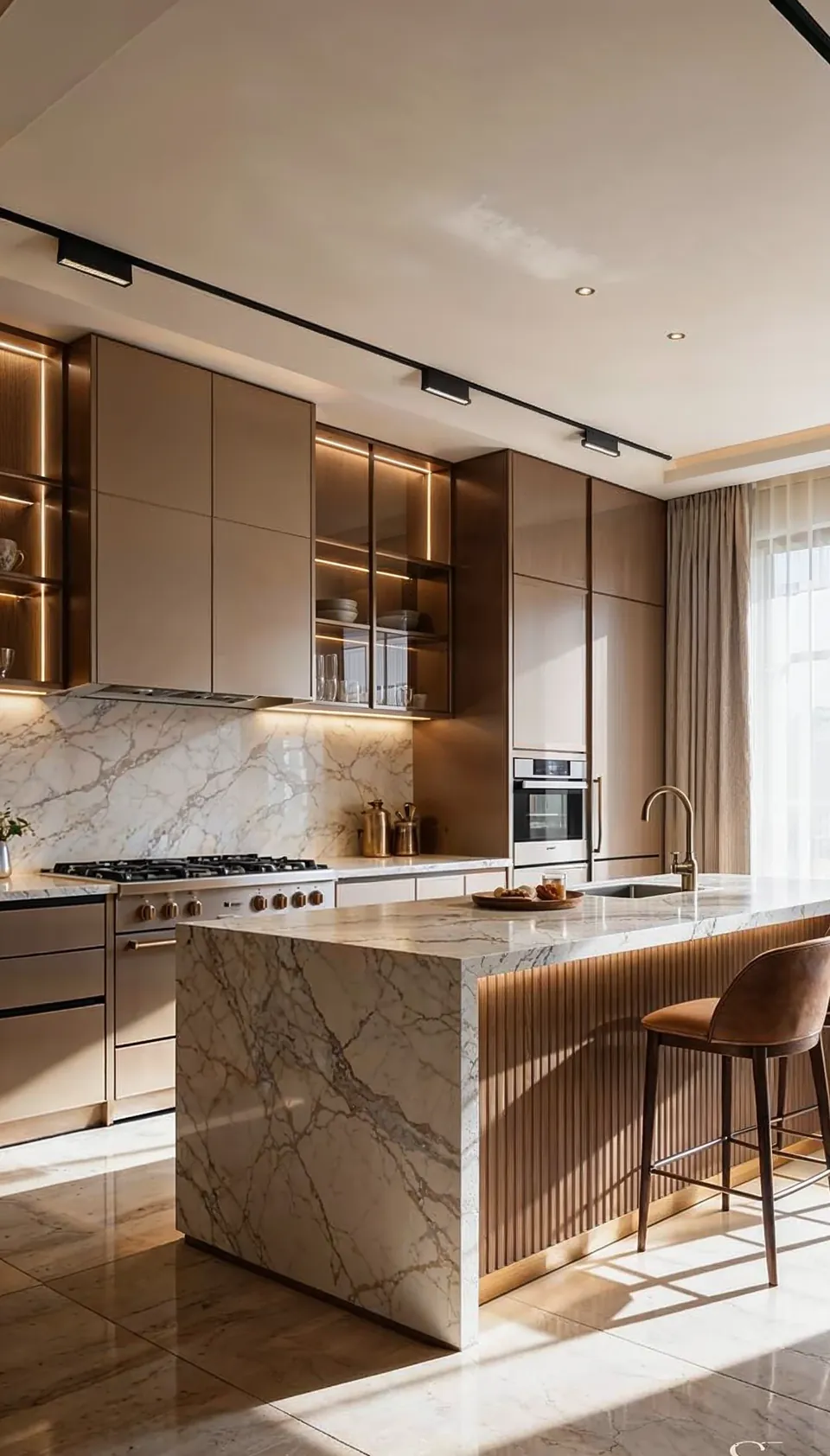 Emirates Hills Villa، تلال الإمارات: مطبخ بجزيرة بمظهر رخامي تنسدل حوافها حتى الأرض، ومقاعد بار بلون بني فاتح، وخزائن بواجهات زجاجية.