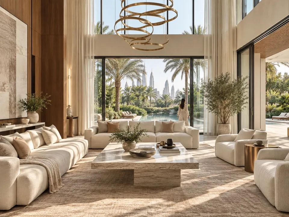 Double-height villa living room opening onto a pool and palm garden