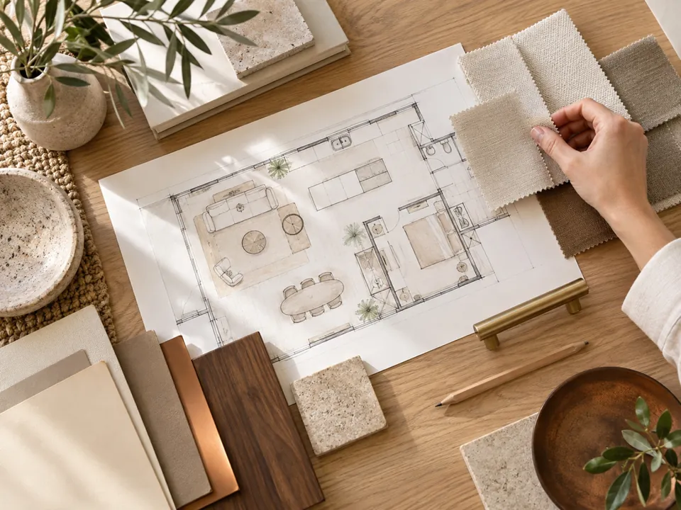 Furnished floor plan with fabric, stone and timber samples