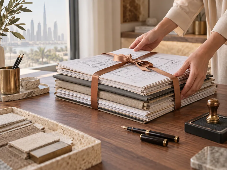 Bound drawing sets tied with ribbon beside a pen and stamp
