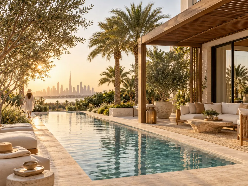 Villa terrace with a pool, pergola and palms at golden hour