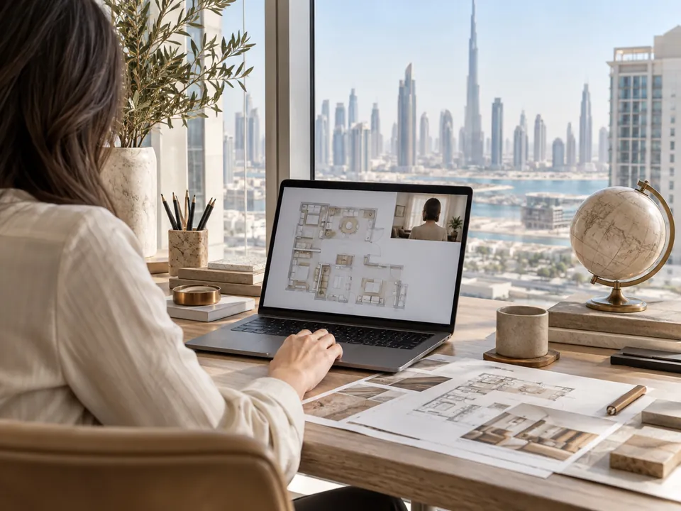 Designer on a video call reviewing a floor plan above the Dubai skyline