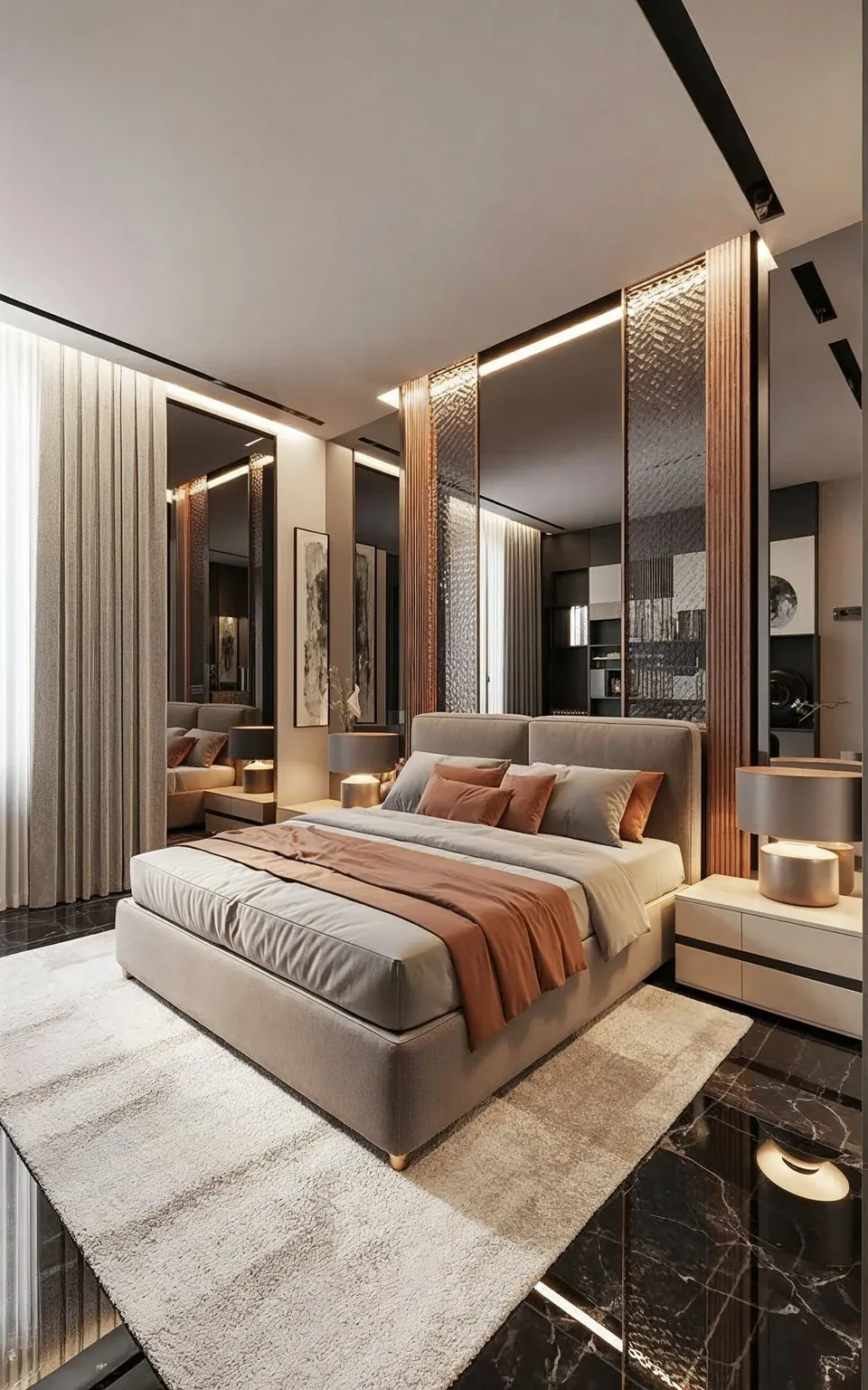 3D render for Jumeirah Villa 23, Jumeirah: bedroom with a taupe bed, rust throw, fluted wood panels and black marble-look floor.