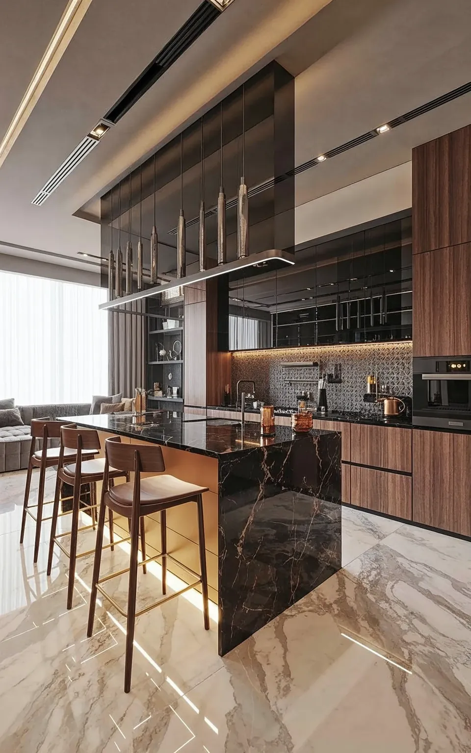 صورة ثلاثية الأبعاد لمشروع Jumeirah Villa 23، جميرا: مطبخ بجزيرة سوداء بمظهر رخامي، ومقاعد بار خشبية، وإضاءة معلّقة طولية.