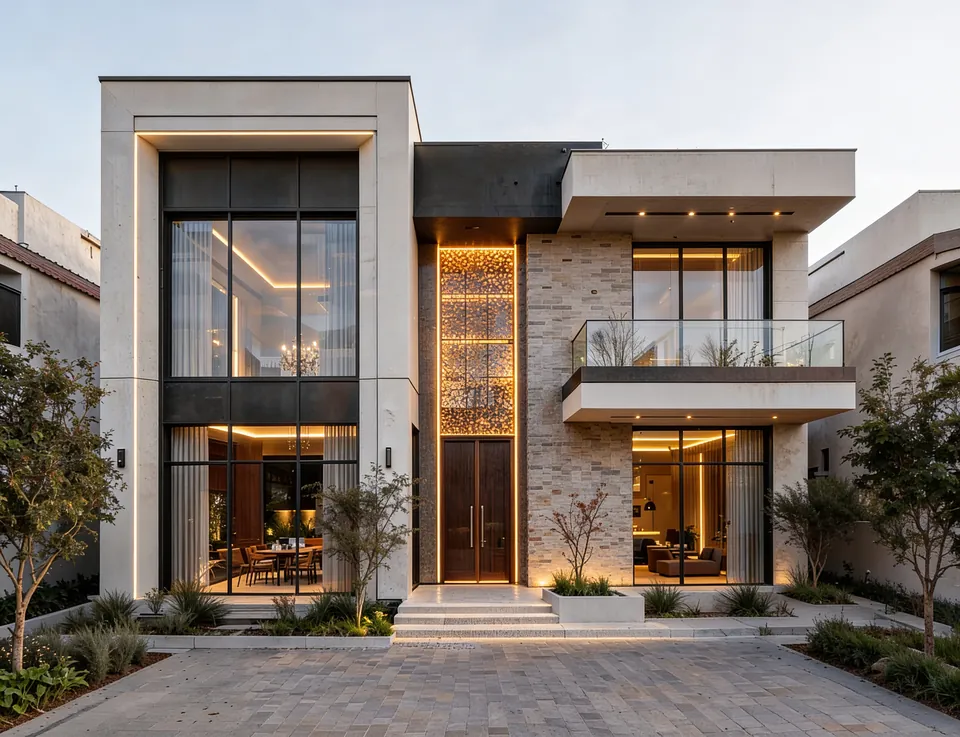 صورة ثلاثية الأبعاد لمشروع Jumeirah Villa 23، جميرا: فيلا عصرية من طابقين عند الغسق بواجهات زجاجية عالية ولوح ساتر مضاء وممر سيارات مرصوف.