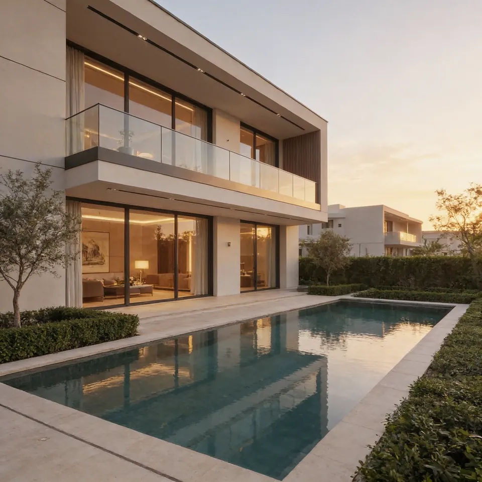3D render for Jumeirah Villa 23, Jumeirah: rear of the villa at sunset with a rectangular pool, glass balcony and lit living room.