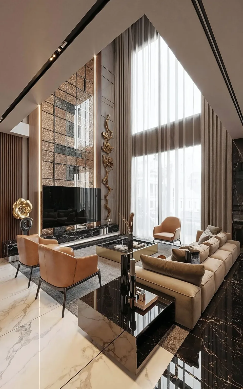 صورة ثلاثية الأبعاد لمشروع Jumeirah Villa 23، جميرا: غرفة معيشة بسقف مزدوج الارتفاع، وستائر شفافة، وكراسٍ جلدية بلون بني فاتح، وطاولة سوداء.