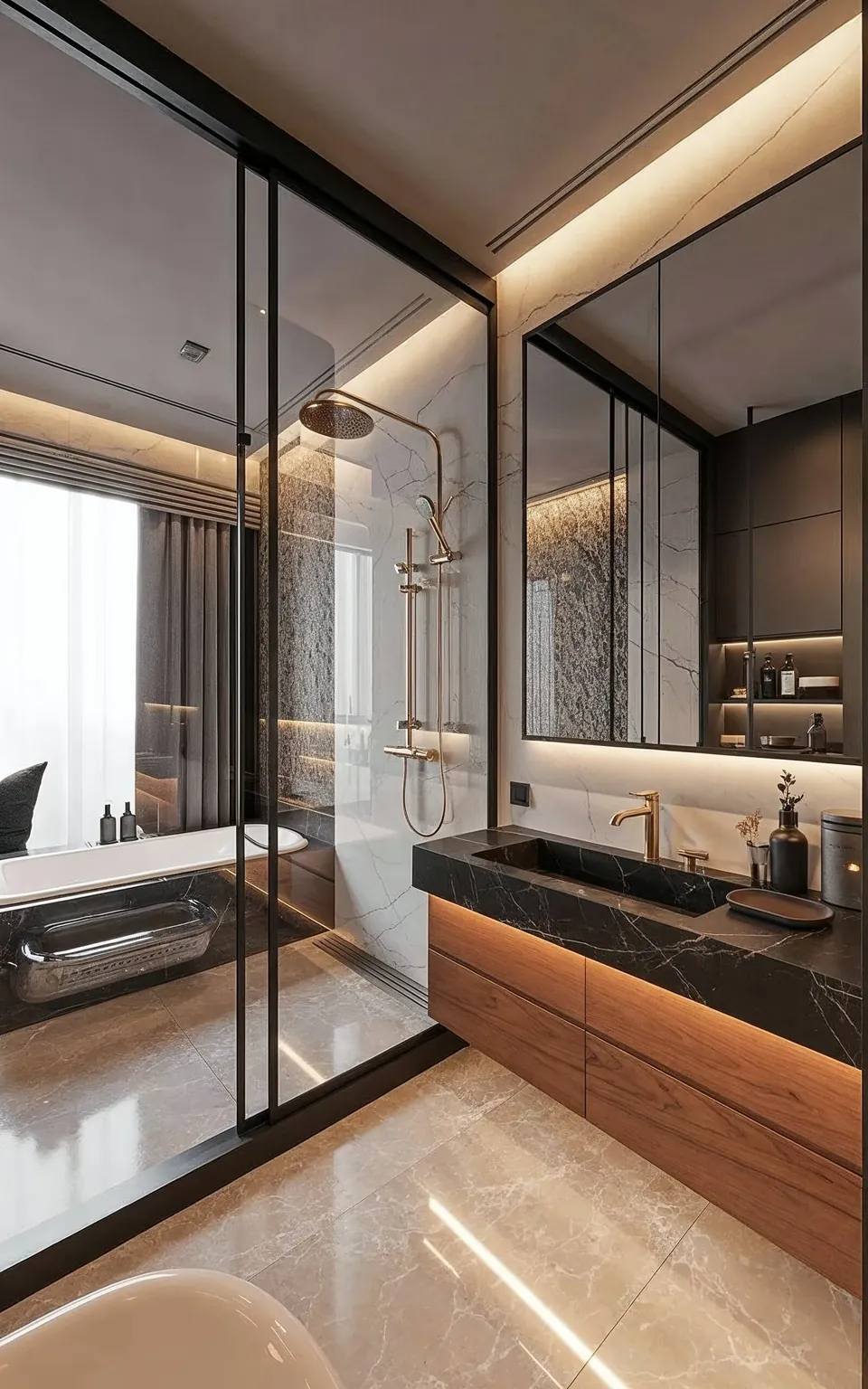 3D render for Jumeirah Villa 23, Jumeirah: bathroom with a glass shower, black marble-look basin on a wood vanity and a bath.