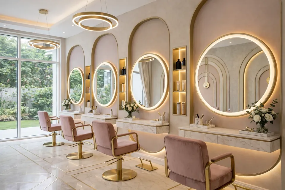 Luxury Salon, Dubai Marina: styling stations with pink chairs, round backlit mirrors and gold-trimmed arches.