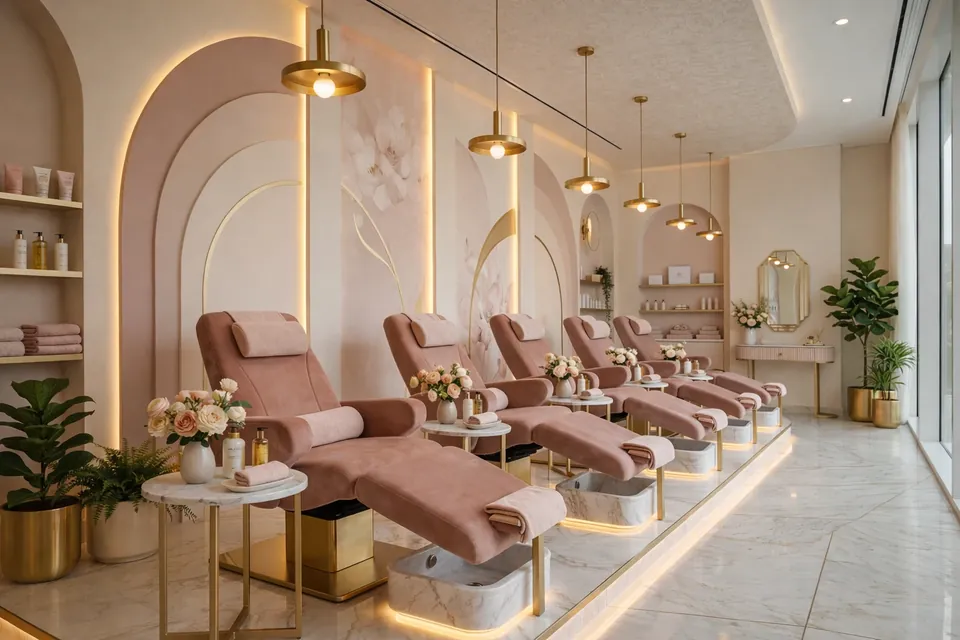 Luxury Salon، مرسى دبي: صف من كراسي الباديكير الوردية على منصة مضاءة، مع مصابيح معلّقة ذهبية وألواح مقوّسة.