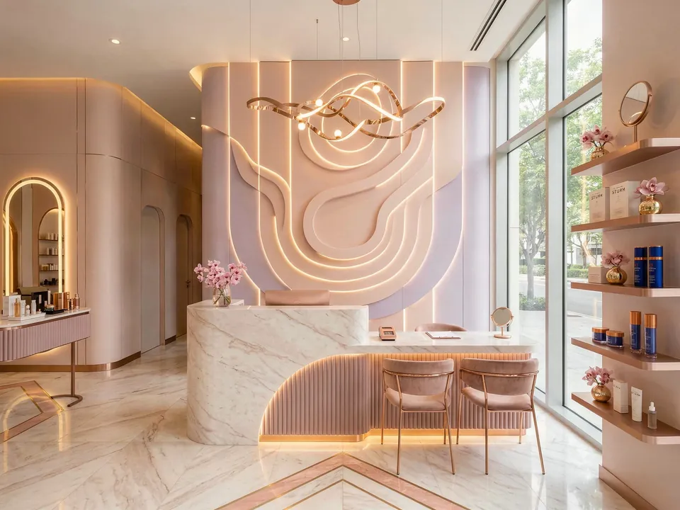 Luxury Salon، مرسى دبي: مكتب استقبال بمظهر رخامي، وجدار مميز منحوت باللون الوردي بمنحنيات مضاءة ورفوف.