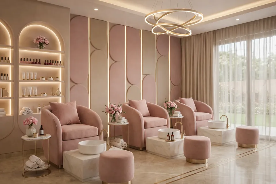 Luxury Salon، مرسى دبي: منطقة الباديكير بكراسٍ وردية بذراعين وأحواض للقدمين ومقاعد صغيرة متناسقة ورفوف مقوّسة مضاءة.