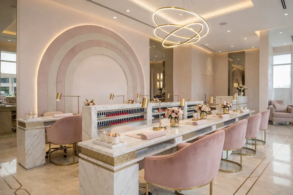 Luxury Salon، مرسى دبي: ركن المانيكير بطاولة بمظهر رخامي وكراسٍ وردية ورفوف لعرض طلاء الأظافر وقوس وردي.