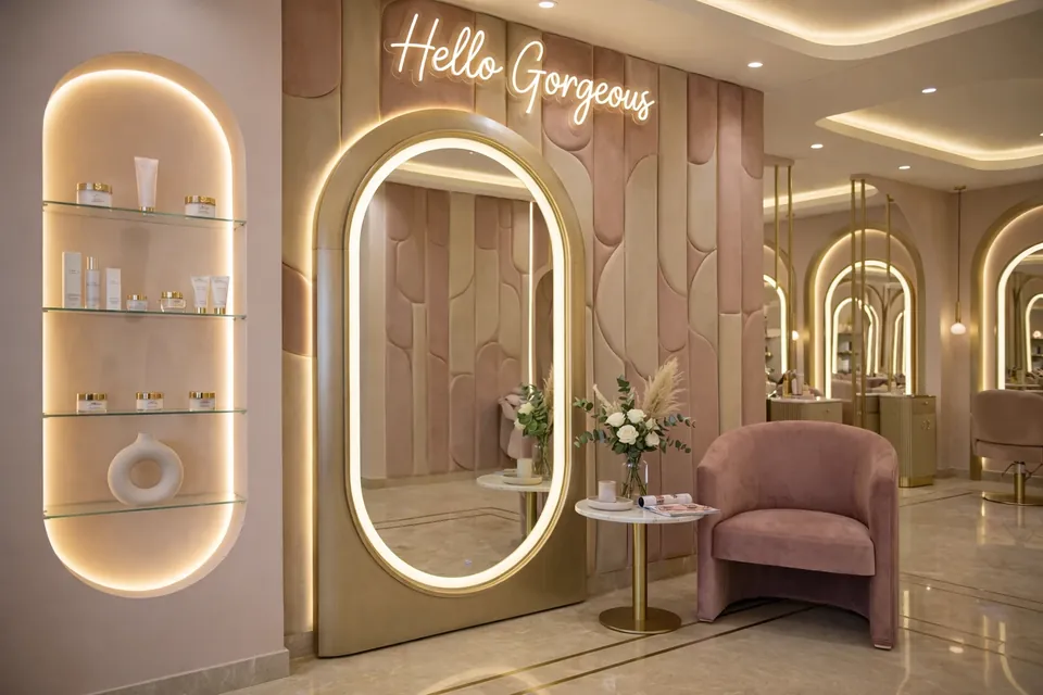 Luxury Salon، مرسى دبي: مرآة بيضاوية بإضاءة خلفية، وكرسي وردي بذراعين، ولافتة نيون تحمل عبارة Hello Gorgeous على جدار وردي مكسوّ بالألواح.