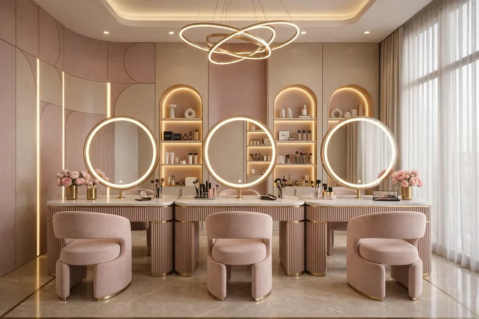 Luxury Salon، مرسى دبي: ثلاث مرايا دائرية مضاءة فوق طاولة تجميل، مع كراسٍ وردية وتجاويف مقوّسة لعرض المنتجات.