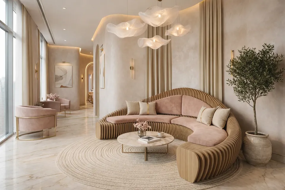 Luxury Salon، مرسى دبي: صالة انتظار بأريكة منحنية باللون الوردي مع شرائح خشبية، وسجادة دائرية، ومصابيح معلّقة تشبه الغيوم.