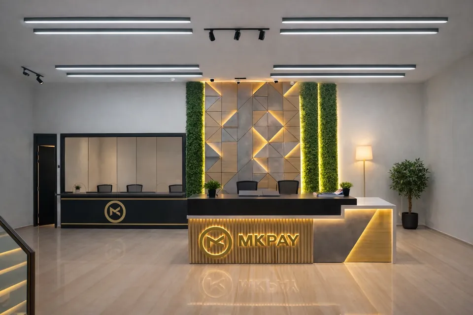 MK Pay، الرقة: منطقة استقبال بمكتب مضيء يحمل اسم MKPAY، وجدار مميز رمادي بنقوش هندسية، وألواح نباتات خضراء، وإضاءة خطية.