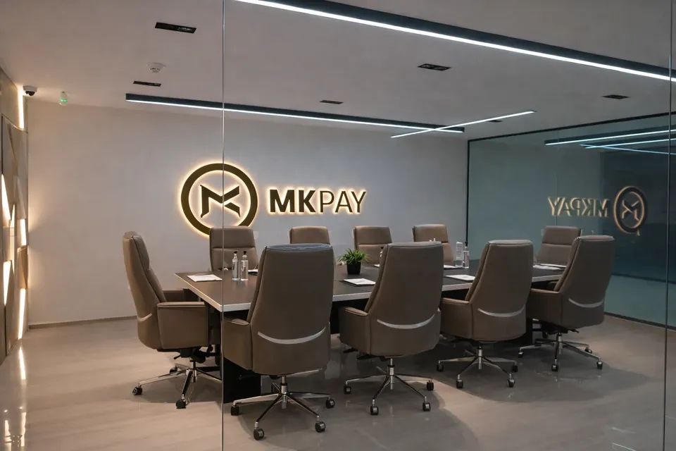 MK Pay,里加区:玻璃会议室,配有长会议桌、灰色行政椅和背光 MKPAY 墙面标识。