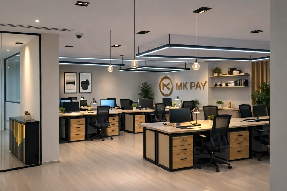MK Pay,里加区:开放式办公区,配有木色与黑色办公桌、网面椅、吊灯和 MK PAY 标识。