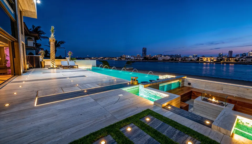 MK Villa, Palm Jumeirah: waterfront terrace at dusk with a lit pool, water jets, sunken fire pit and city skyline.