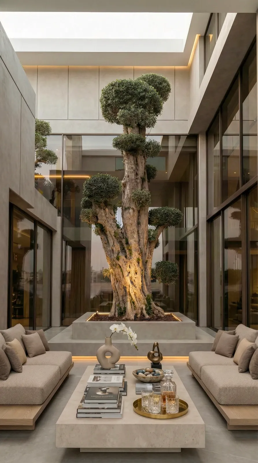 Palm Jumeirah Villa, Palm Jumeirah: courtyard lounge with a large sculpted tree under a skylight and low sofas.