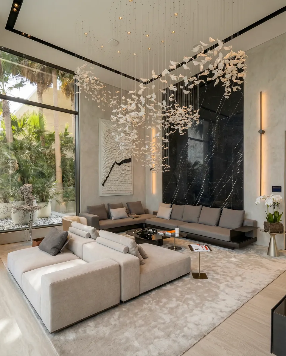 Palm Jumeirah Villa, Palm Jumeirah: double-height living room with pale sofas, a white leaf chandelier and dark wall.