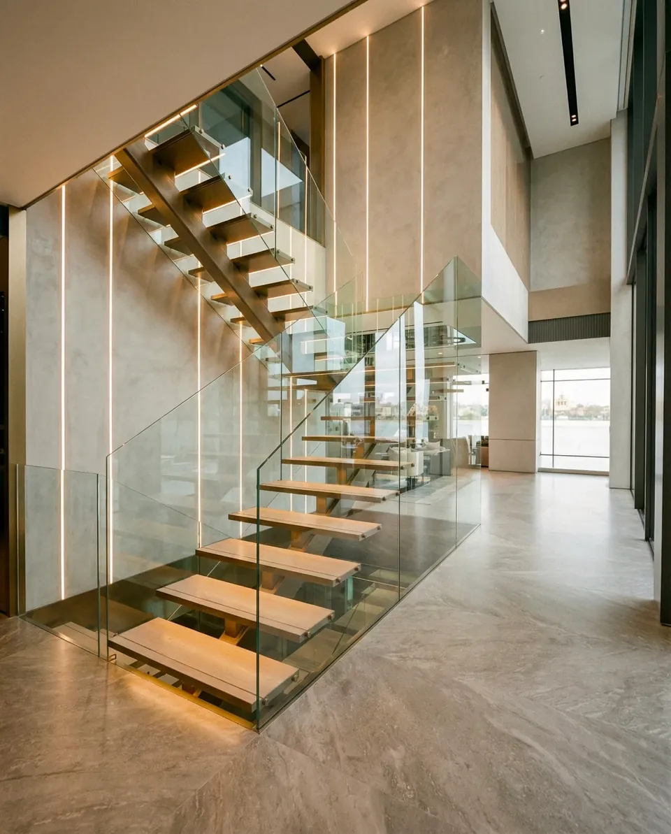 Palm Jumeirah Villa، نخلة جميرا: درج معلّق بدرجات مضاءة بلون الخشب ودرابزين زجاجي.