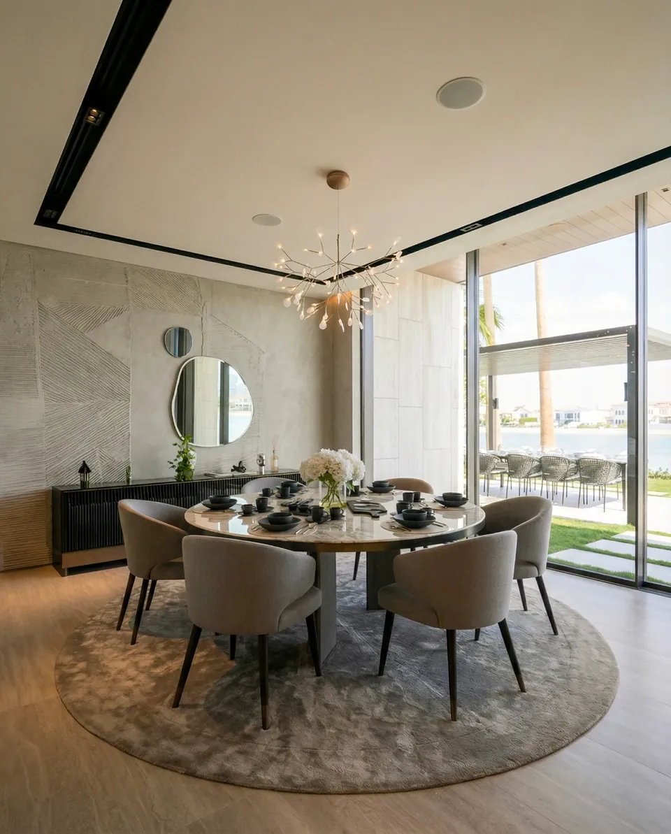 Palm Jumeirah Villa,朱美拉棕榈岛:圆形地毯上的圆餐桌配灰色餐椅,树枝造型吊灯,窗外是花园景致。