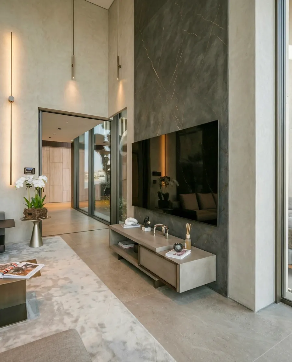 Palm Jumeirah Villa, Palm Jumeirah: living area with a TV on a grey stone-look wall, floating console and white orchids.