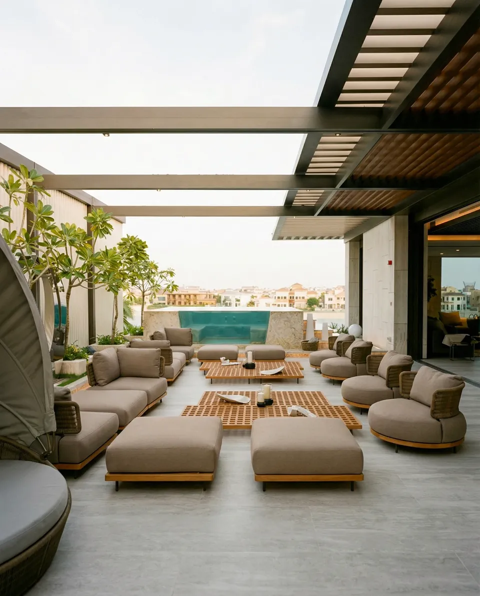 Palm Jumeirah Villa,朱美拉棕榈岛:有遮阳的露台,配有灰褐色户外沙发和木条桌,远处是泳池。