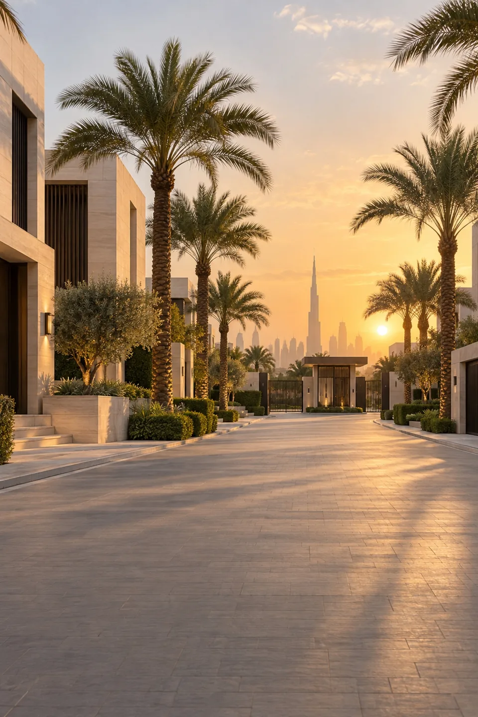 شارع تصطف على جانبيه أشجار النخيل وفلل حجرية حديثة، مع بوابة حراسة في البعيد تحت ضوء الغروب الذهبي.