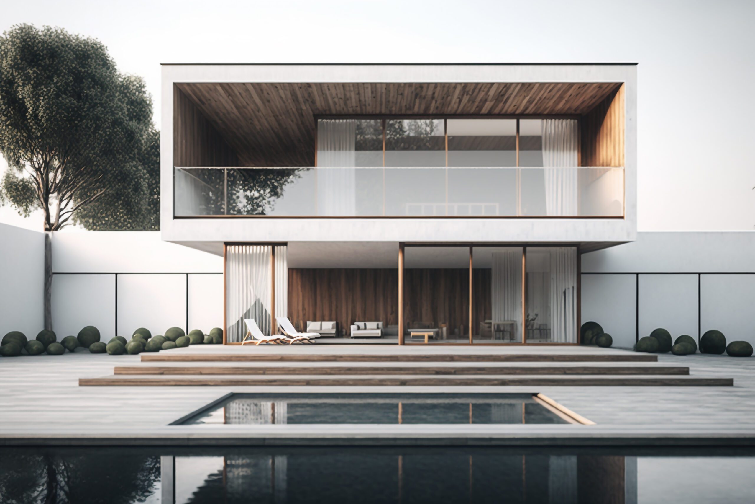 Modern wooden exterior cottage with swimming pool, Generative AI