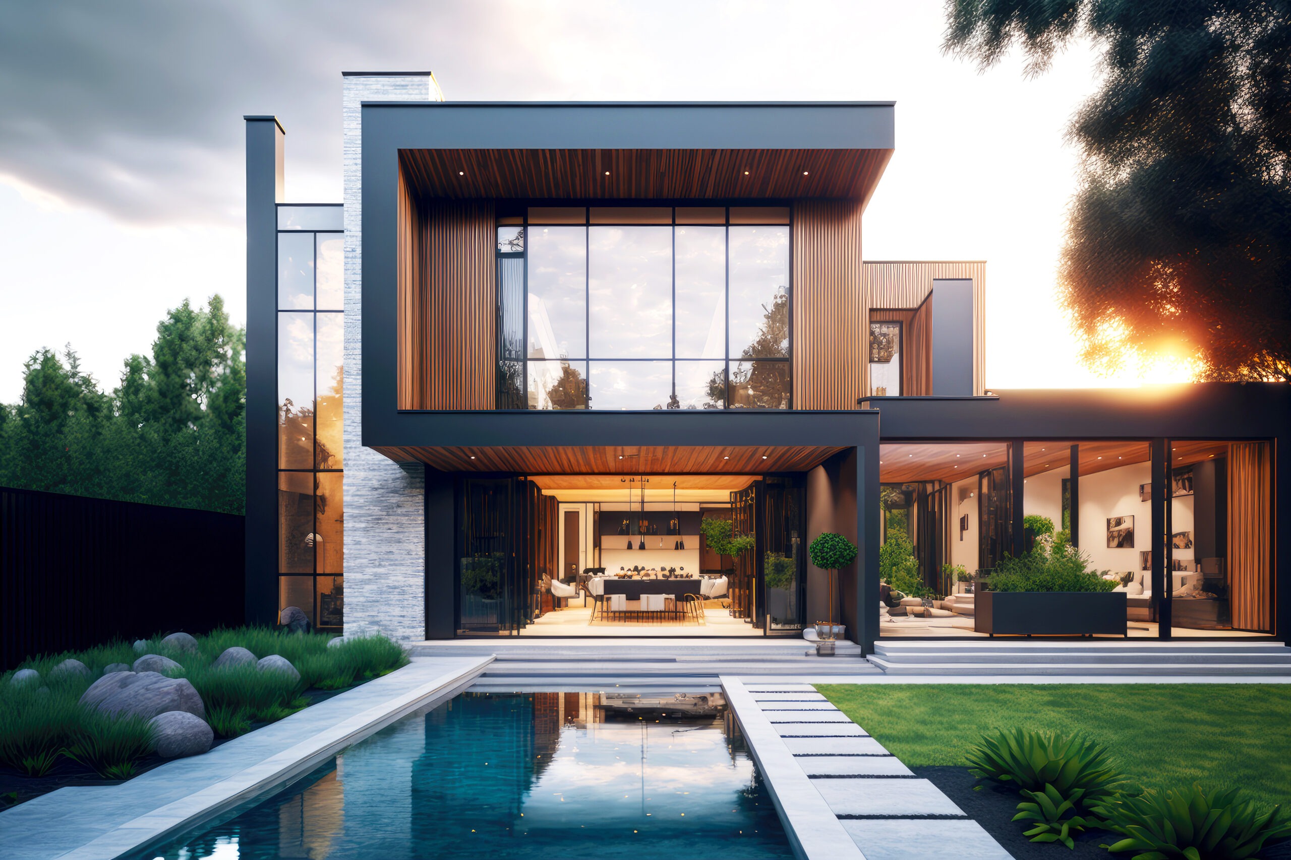 stylish modern residential house with pool in backyard